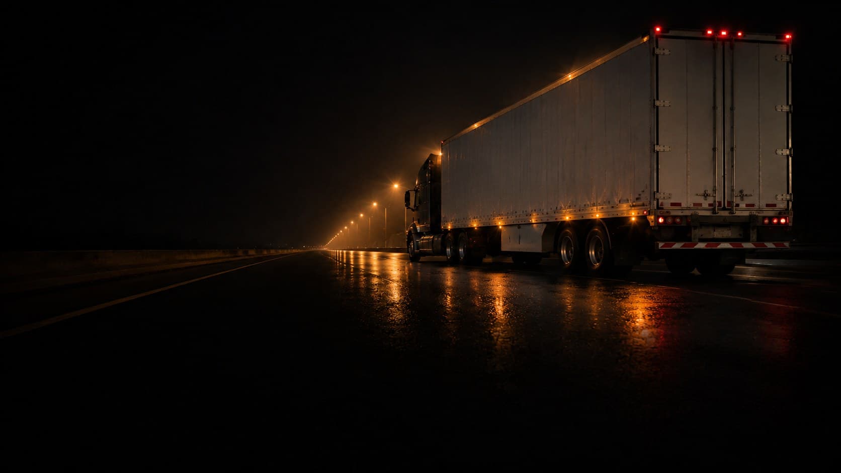 A semi-truck running an empty interstate at night